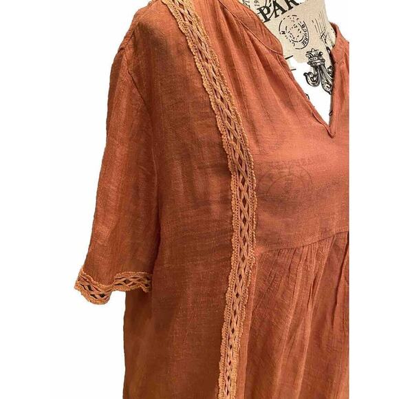 Monoreno Blouse Tunic Anthropologie Salmon Sz Large Lagenlook Short Sleeves Trim - Picture 3 of 6